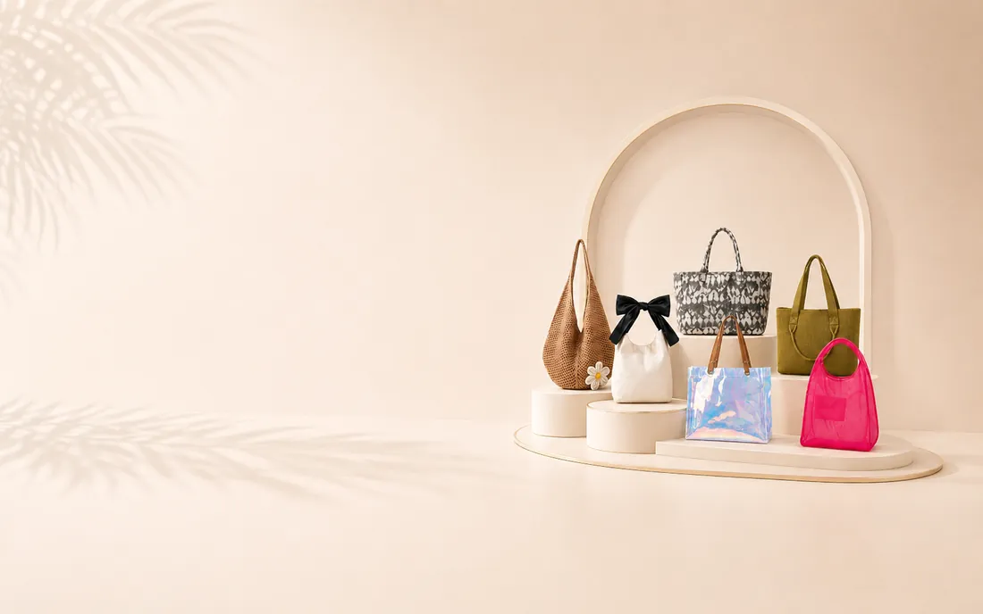Custom bag collection on cream display plinths