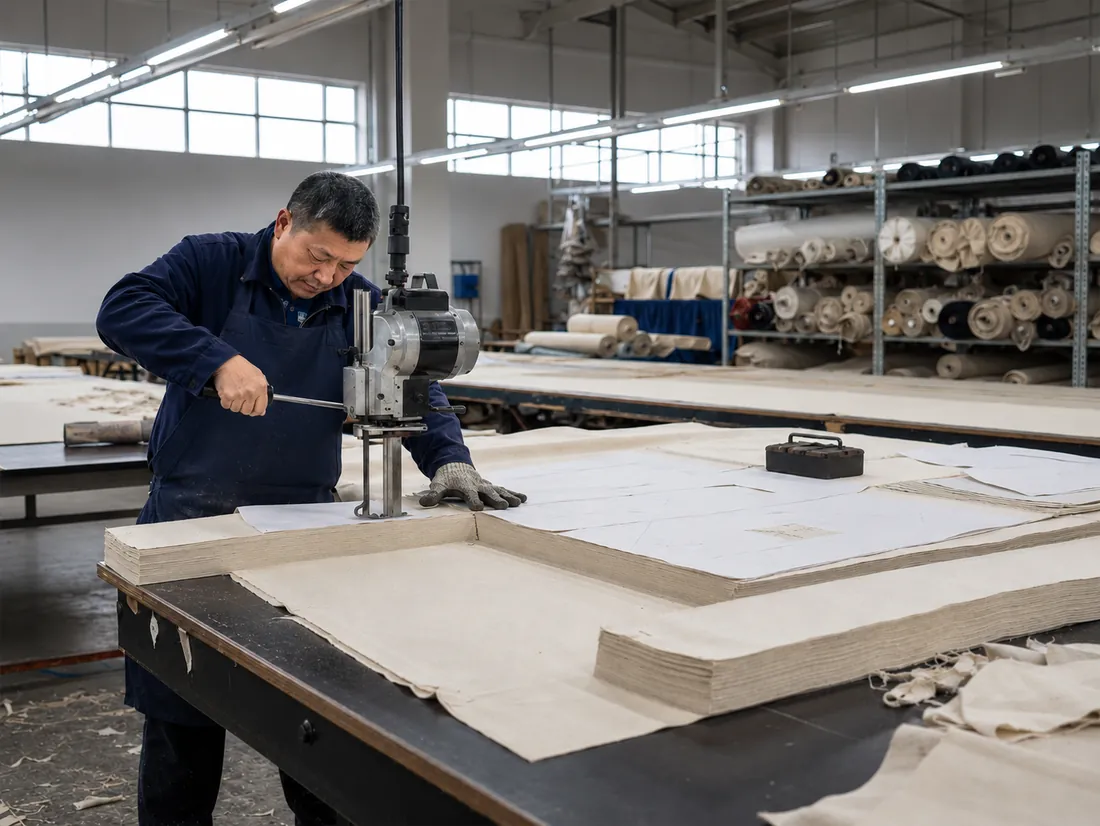 Canvas panels being cut in the LinHord workshop / LinHord 车间裁剪帆布裁片
